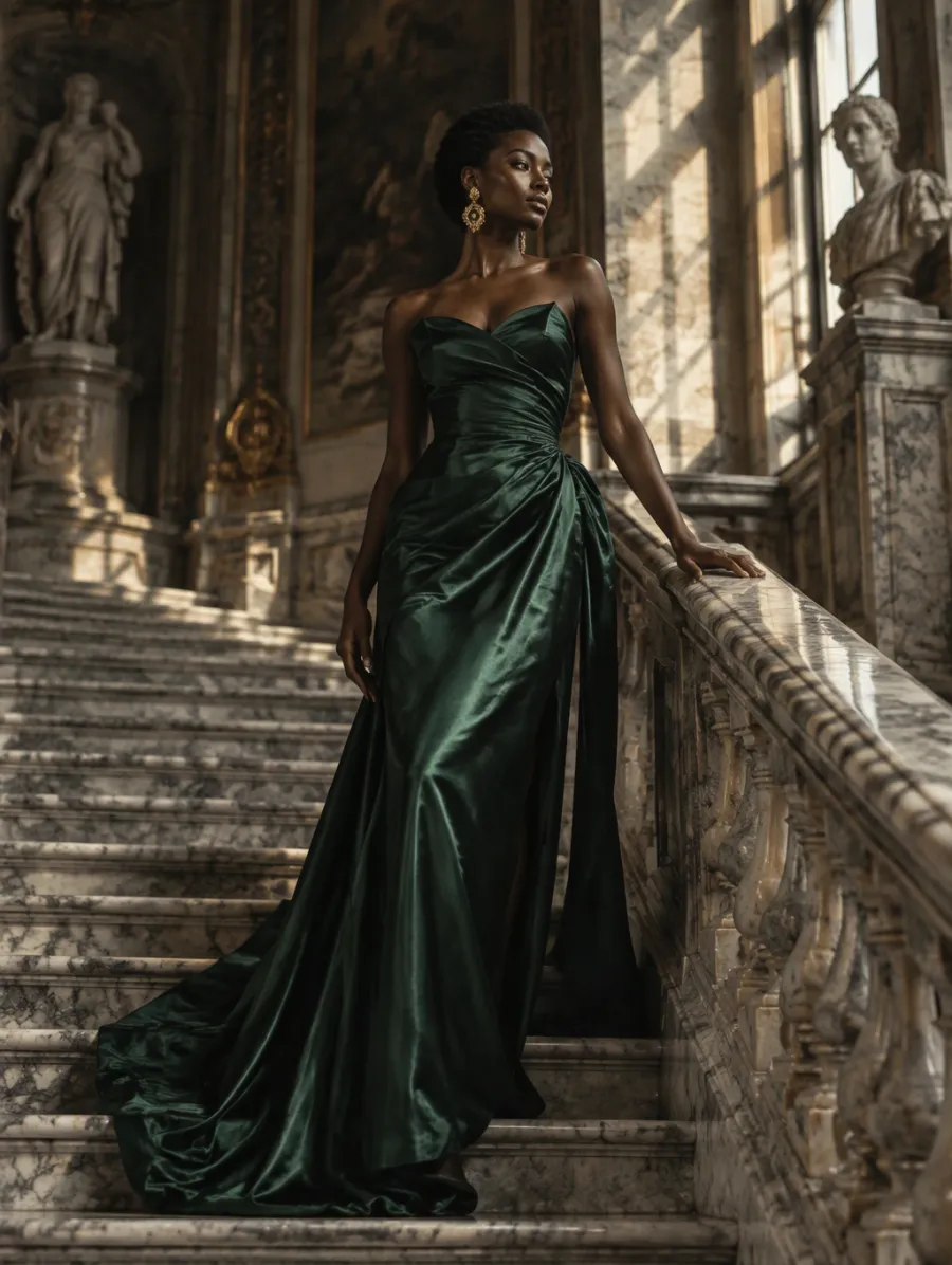 A woman in an emerald satin gown on a marble staircase